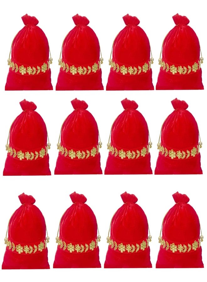 Dulhan Handcrafted Red Velvet Gota Patti Potli Bags | Traditional Embroidered Gift Bags for Wedding, Diwali, Mehndi Baby Shower | Zari Tassels and Moti Work | Reusable Decorative Pouches(Pack of 12) - Image 1